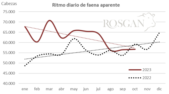 Ritmo diario de faena, estimado a partir de las remisiones de bovinos a plantas frigoríficas informadas por el SENASA.