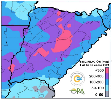 Figura 2: Estimación de precipitación acumulada en la primera quincena de enero 2024.